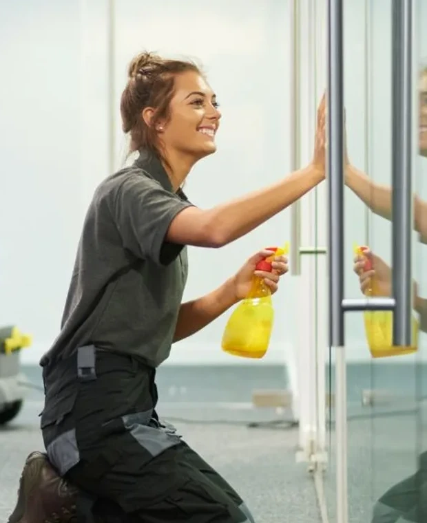 Mitarbeiterin der Glas- und Gebäudereinigung Hübner bei der Fensterreinigung